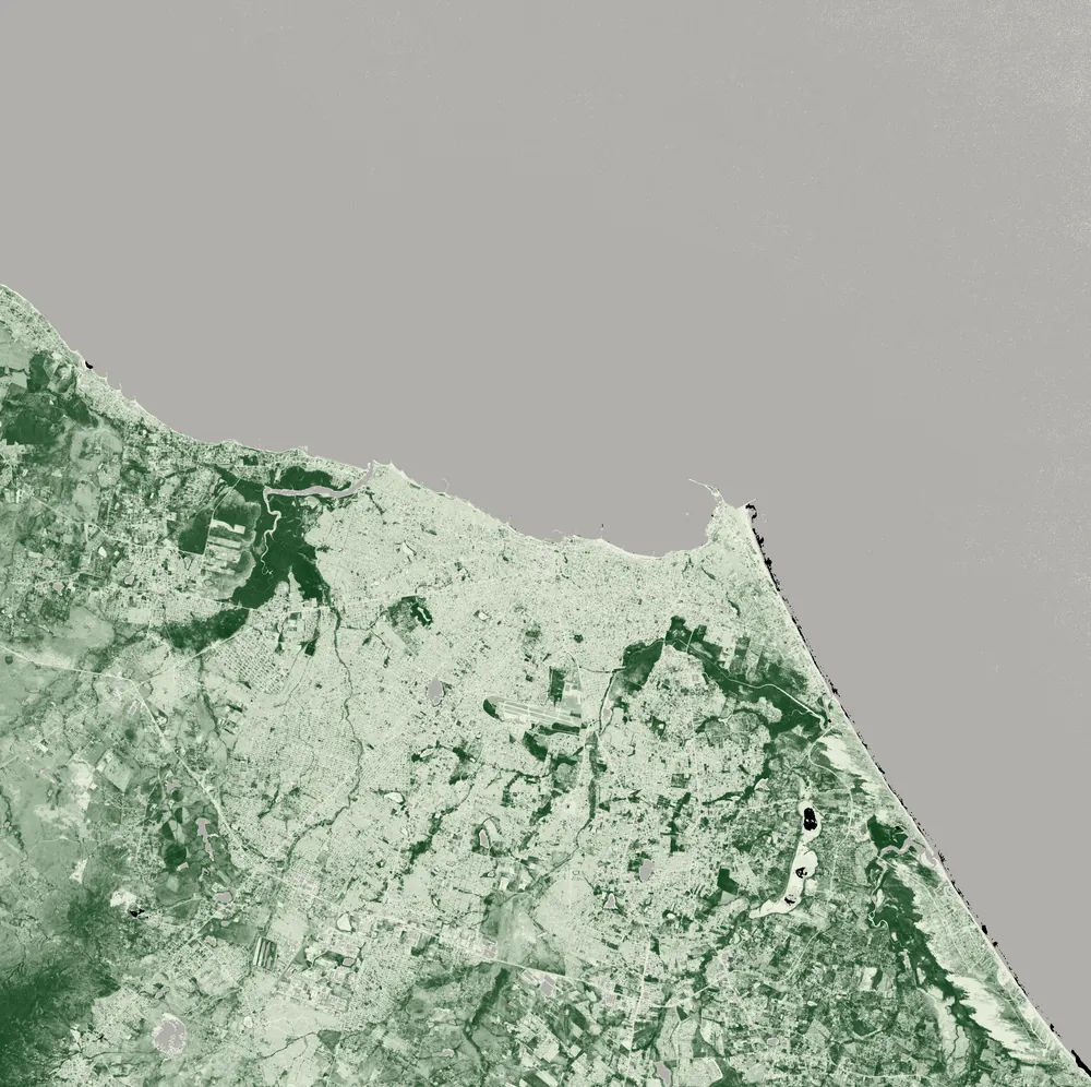 Índice de vegetação NDVI de Fortaleza, calculado de composição Sentinel-2: a malha urbana em tons claros, as matas e parques em verde escuro e o oceano em cinza neutro
