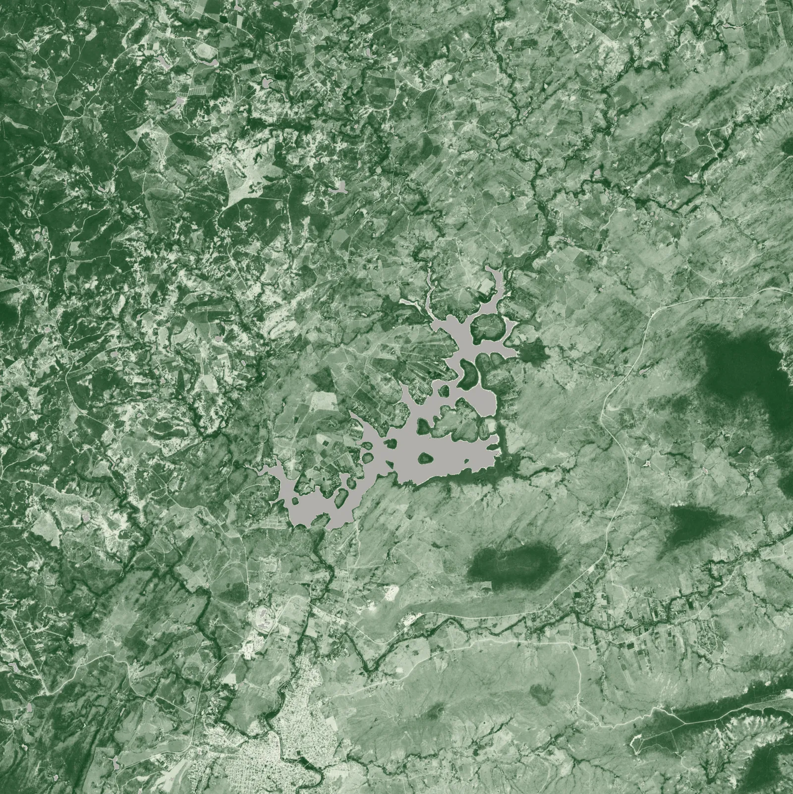Camada NDVI da Barragem do Rio Salinas: matas em verde escuro, pastagens e caatinga seca em verde claro, o açude em cinza neutro